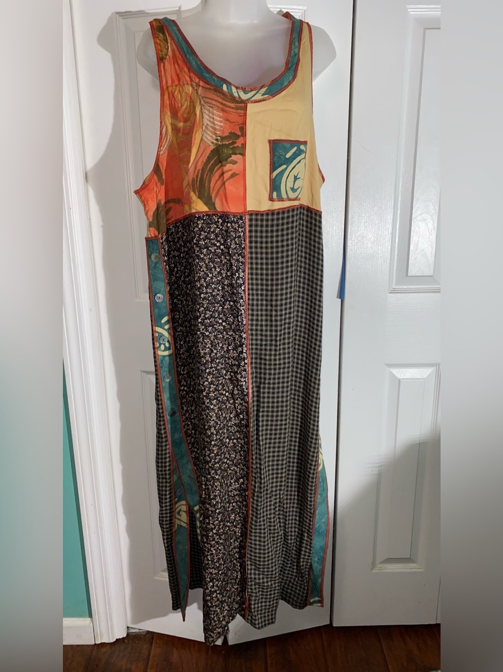 Vintage FAITH 90’s Boho Patchwork Sleeveless Dress L Rayon Art To Wear Maxi AA21